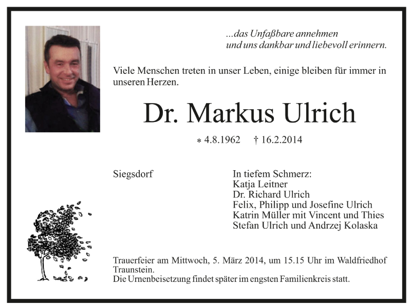  Traueranzeige für Dr. Markus Ulrich vom 28.02.2014 aus Region Chiemgau