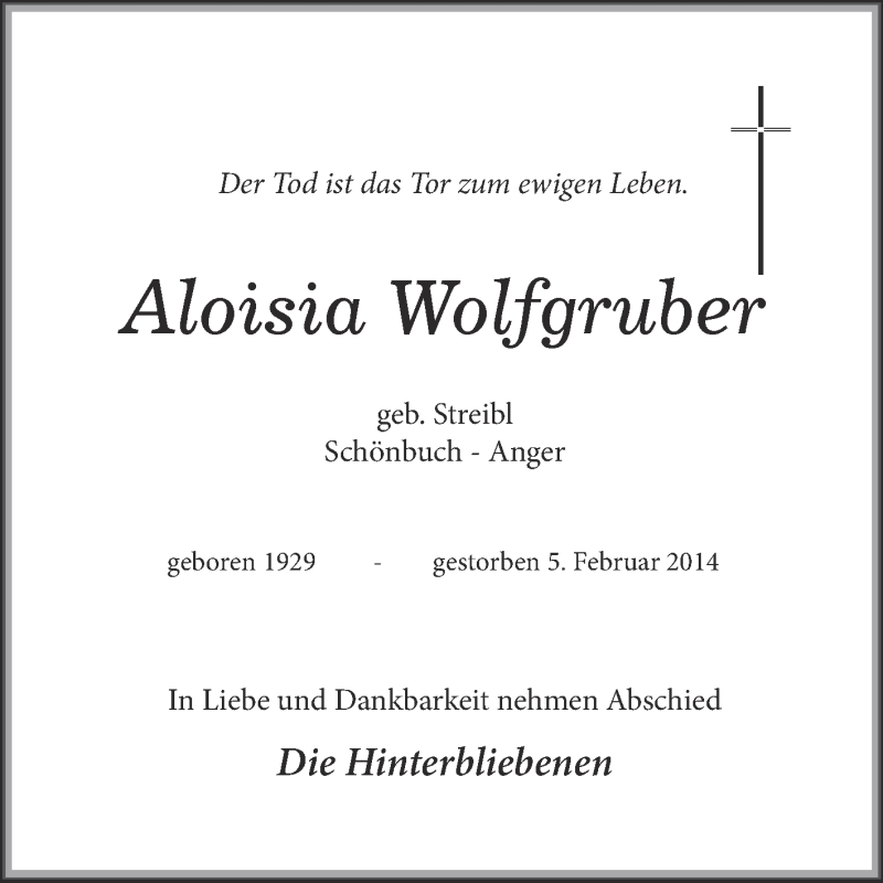  Traueranzeige für Aloisia Wolfgruber vom 07.02.2014 aus Region Chiemgau