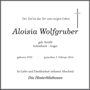 Traueranzeige von Aloisia Wolfgruber von Region Chiemgau