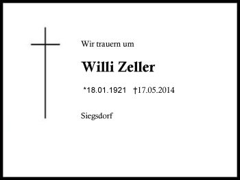 Traueranzeige von Willi Zeller von Region Chiemgau