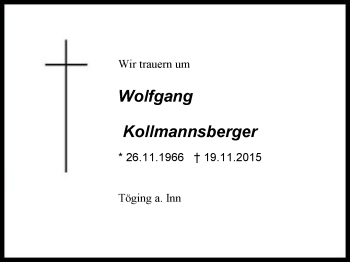 Traueranzeige von Wolfgang Kollmannsberger von Region Berchtesgadener Land