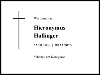 Traueranzeige von Hieronymus Hallinger von Region Berchtesgadener Land