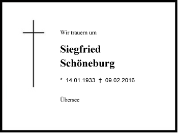 Traueranzeige von Siegfried Schöneburg von Region Chiemgau