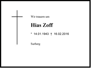 Traueranzeige von Hias Zoff von Region Chiemgau