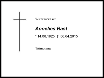 Traueranzeige von Annelies Rast von Region Berchtesgadener Land