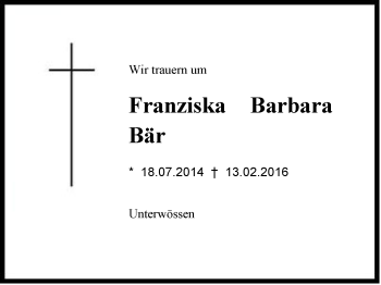 Traueranzeige von Franziska Barbara Bär von Region Chiemgau