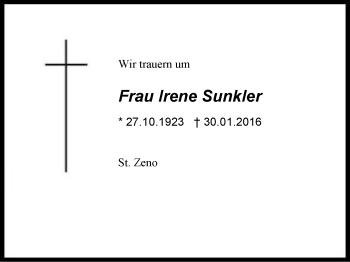 Traueranzeige von Irene Sunkler von Region Berchtesgadener Land