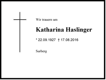 Traueranzeige von Katharina Haslinger von Region Chiemgau