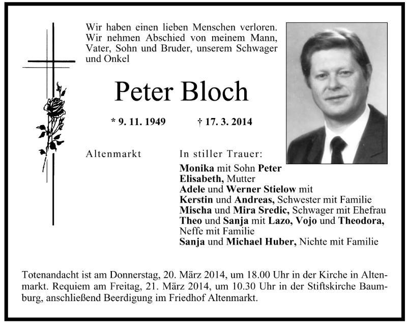  Traueranzeige für Peter Bloch vom 02.04.2014 aus Region Chiemgau