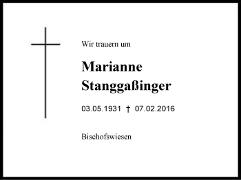 Traueranzeige von Marianne Stanggaßinger von Region Berchtesgadener Land