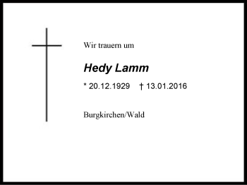 Traueranzeige von Hedy Lamm von Region Berchtesgadener Land