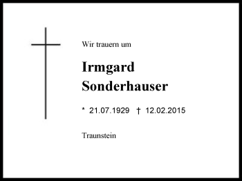 Traueranzeige von Irmgard Sonderhauser von Region Chiemgau