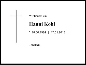 Traueranzeige von Hanni Kohl von Region Chiemgau