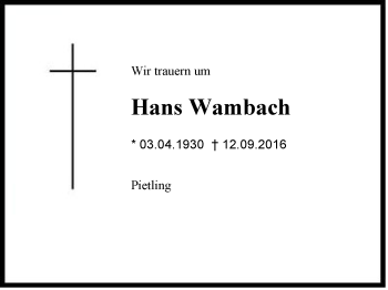 Traueranzeige von Hans Wambach von Region Chiemgau