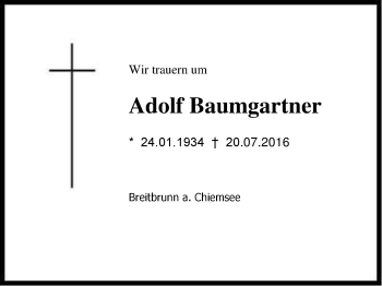 Traueranzeige von Adolf Baumgartner von Region Chiemgau