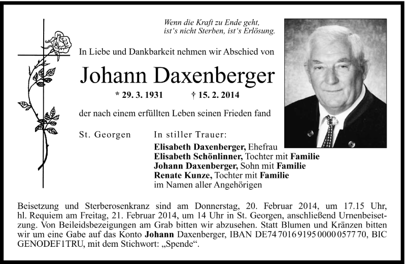  Traueranzeige für Johann Daxenberger vom 27.02.2014 aus Region Chiemgau