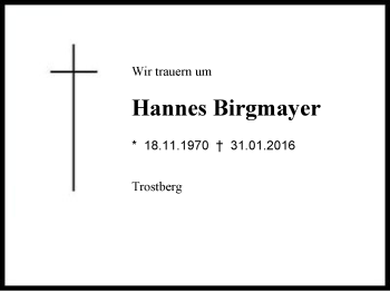 Traueranzeige von Hannes Birgmayer von Region Chiemgau