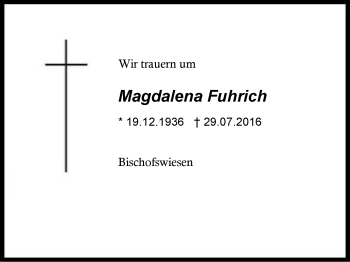 Traueranzeige von Magdalena Fuhrich von Region Chiemgau
