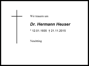 Traueranzeige von Hermann  Heuser von Region Chiemgau