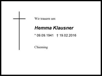 Traueranzeige von Hemma Klausner von Region Chiemgau