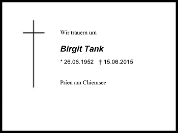 Traueranzeige von Birgit Tank von Region Chiemgau