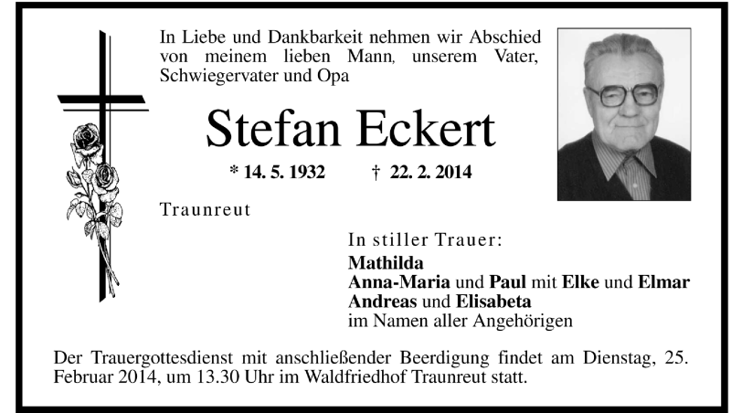  Traueranzeige für Stefan Eckert vom 27.02.2014 aus Region Chiemgau