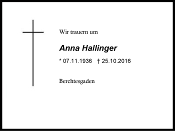 Traueranzeige von Anna Hallinger von Region Chiemgau