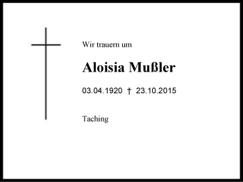 Traueranzeige von Aloisia Mußler von Region Chiemgau