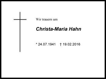Traueranzeige von Christa-Maria Hahn von Region Berchtesgadener Land
