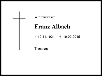 Traueranzeige von Franz Albach von Region Chiemgau