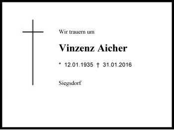 Traueranzeige von Vinzenz Aicher von Region Chiemgau