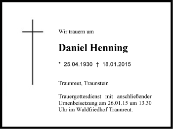 Traueranzeige von Daniel Henning von Region Chiemgau