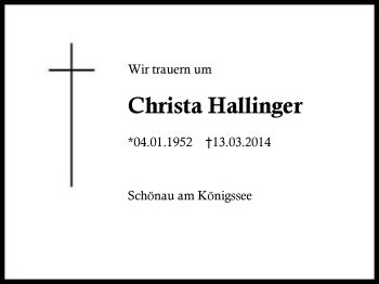 Traueranzeige von Christa Hallinger von Region Berchtesgadener Land