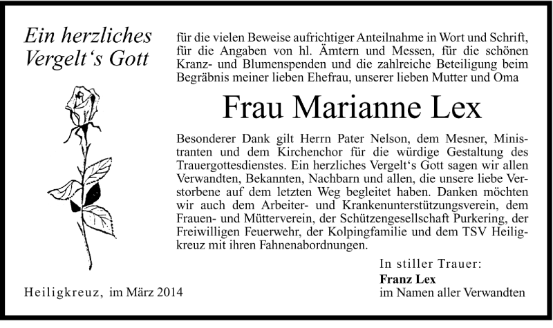  Traueranzeige für Marianne Lex vom 27.02.2014 aus Region Chiemgau