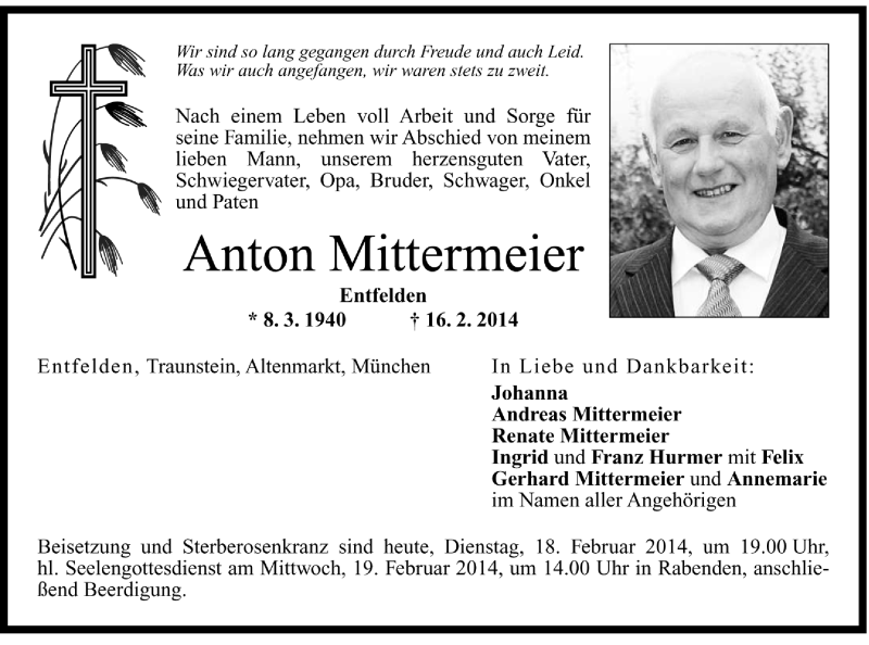  Traueranzeige für Anton Mittermeier vom 27.02.2014 aus Region Chiemgau