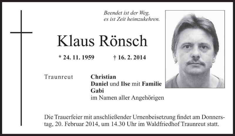  Traueranzeige für Klaus Rönsch vom 27.02.2014 aus Region Chiemgau