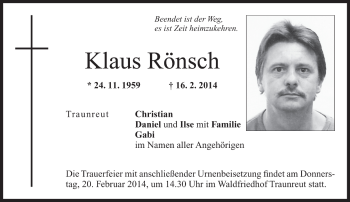 Traueranzeige von Klaus Rönsch von Region Chiemgau