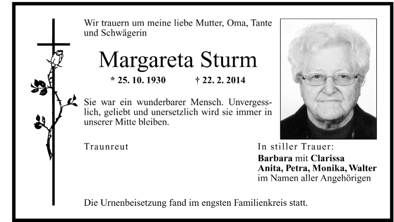  Traueranzeige für Margarete Sturm vom 27.02.2014 aus Region Chiemgau