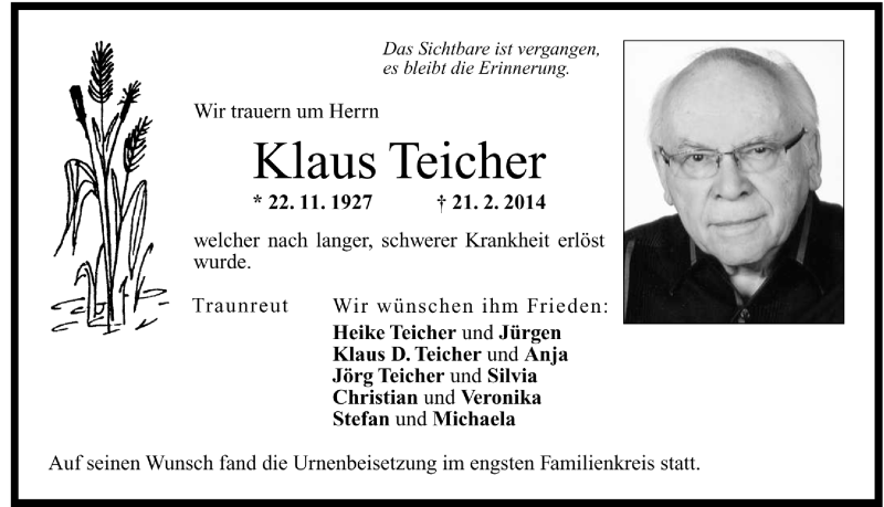  Traueranzeige für Klaus Teicher vom 27.02.2014 aus Region Chiemgau