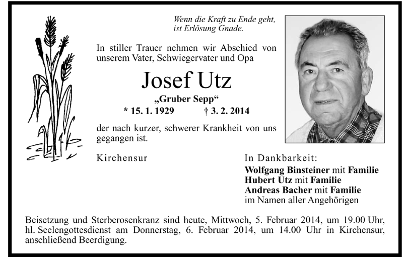  Traueranzeige für Josef Utz vom 27.02.2014 aus Region Chiemgau