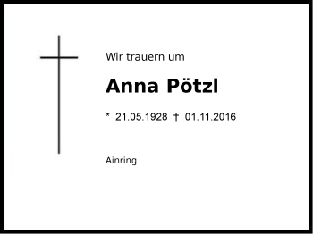 Traueranzeige von Anna Pötzl von Region Berchtesgadener Land