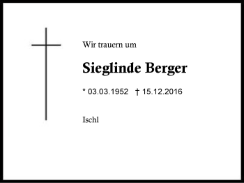 Traueranzeige von Sieglinde Berger von Region Berchtesgadener Land