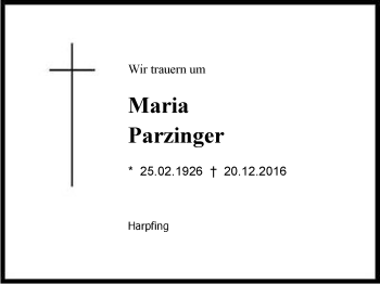 Traueranzeige von Maria Parzinger von Region Berchtesgadener Land