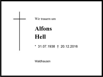 Traueranzeige von Alfons  Hell von Region Chiemgau