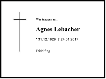 Traueranzeige von Agnes Lebacher von Region Chiemgau