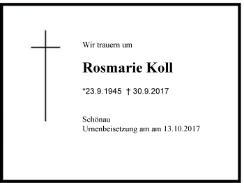 Traueranzeige von Rosmarie Koll von Region Berchtesgadener Land