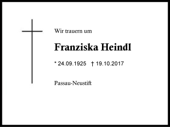 Traueranzeige von Franziska Heindl von Region Berchtesgadener Land