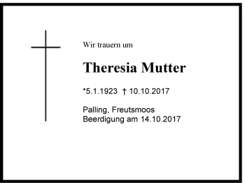 Traueranzeige von Theresia Mutter von Region Chiemgau