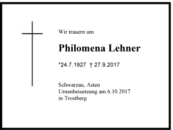 Traueranzeige von Philomena Lehner von Region Chiemgau