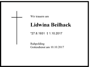 Traueranzeige von Lidwina Beilhack von Region Chiemgau